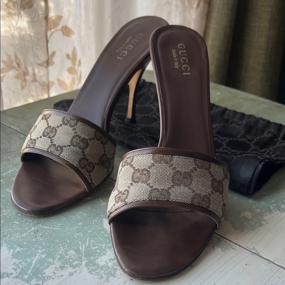 Gucci Monogram Brown and Beige Heels